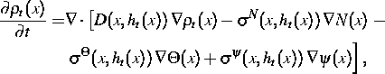 \begin{align*}
\frac{\partial \varrho_t({\mbox{\boldmath$x$}})}{\partial t} =&
\...
 ...mbox{\boldmath$x$}}))\,\nabla 
\psi({\mbox{\boldmath$x$}})
\right], \end{align*}