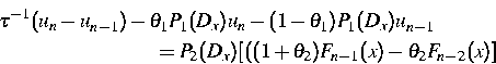 \begin{eqnarray*}
\tau^{-1}(u_n - u_{n-1}) - \theta_1 P_1(D_x)u_n - (1-\theta_1)...
 ... \quad \ = P_2(D_x)[((1+\theta_2)F_{n-1}(x)-\theta_2F_{n-2}(x)] \end{eqnarray*}